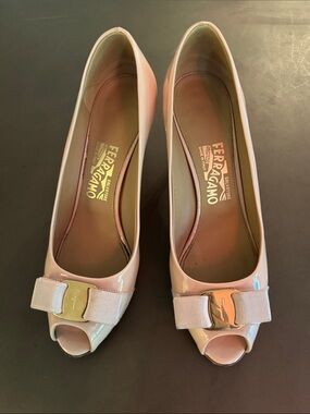 Salvatore Ferragamo Blush Patent Leather Peep-Toe Pumps with Grosgrain Bow